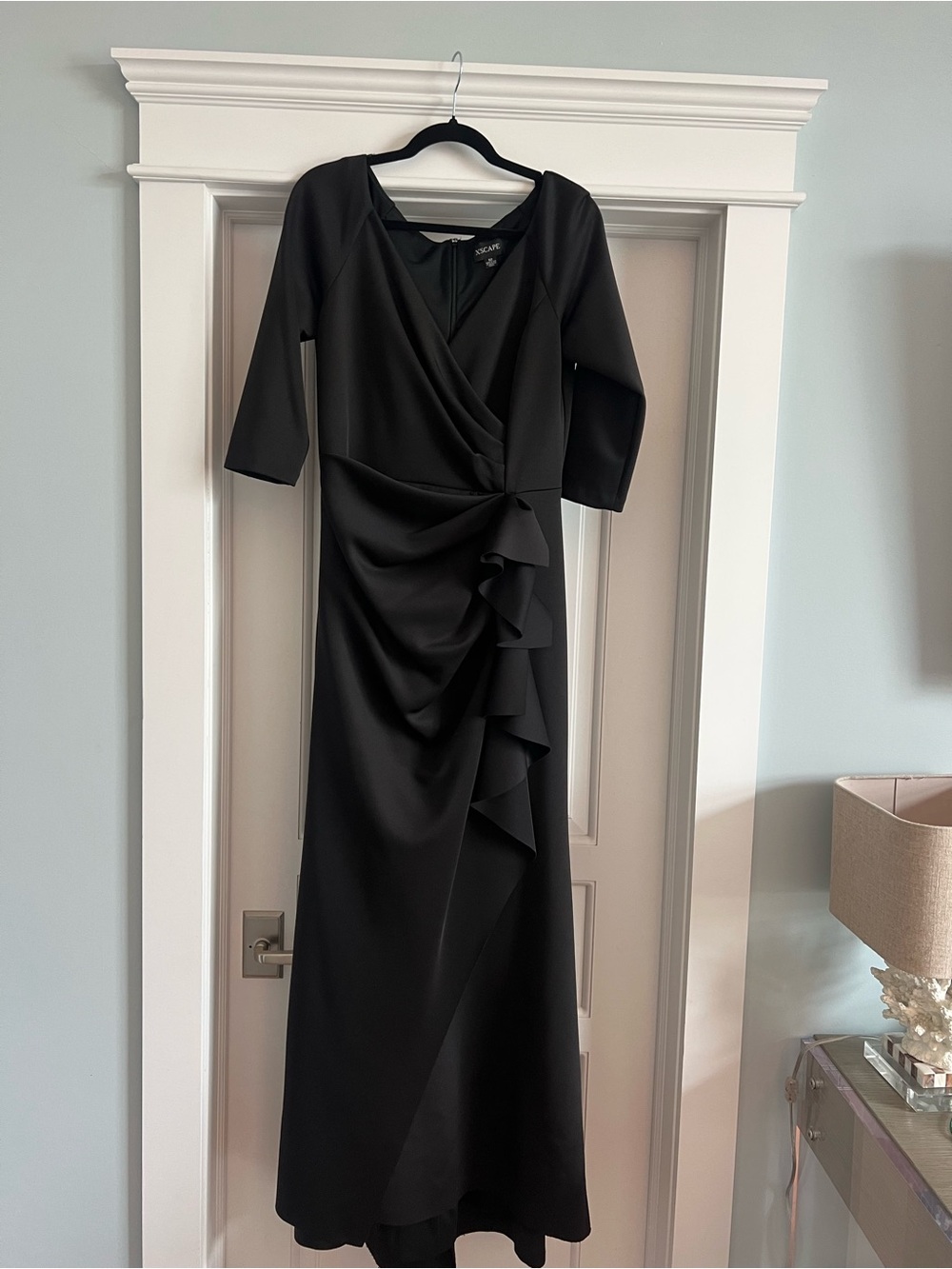 Xscape Black Long Sleeve Ruffle Wrap Maxi Dress